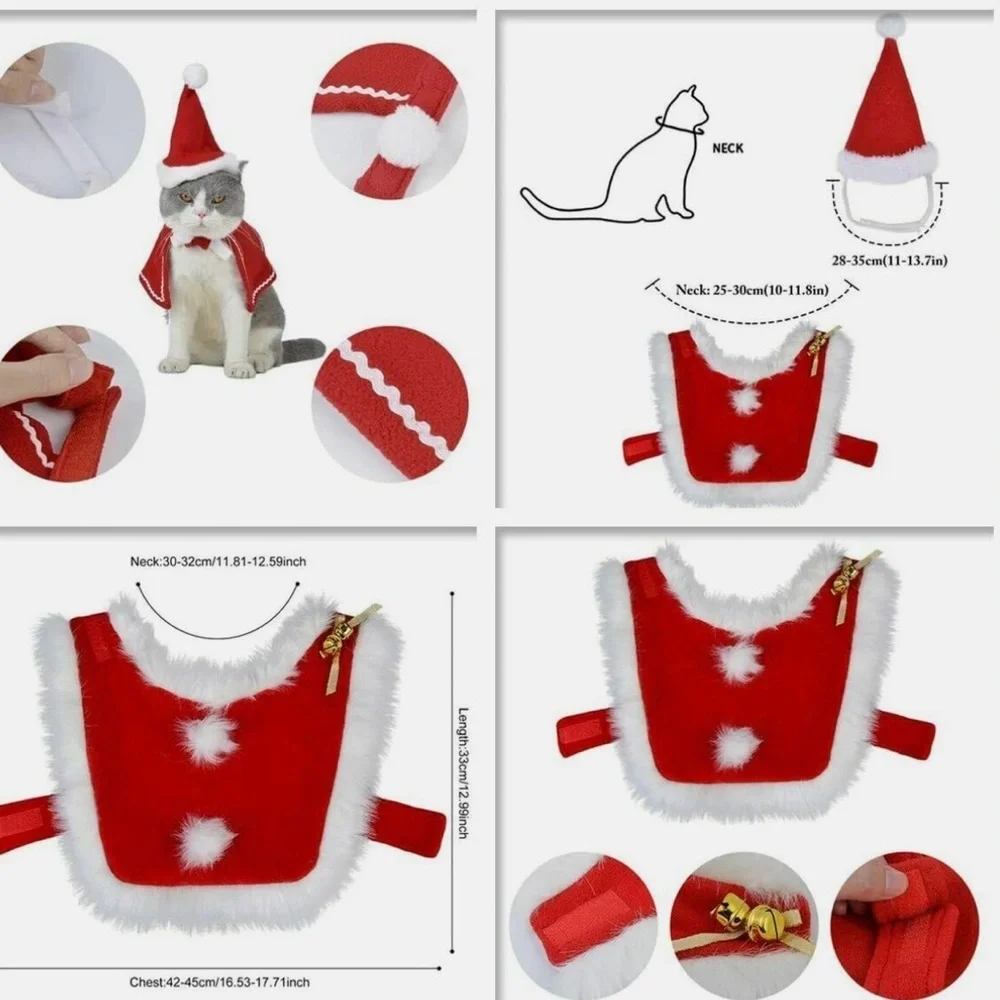 Cat Christmas Costume Adjustable Cute Santa Pet Cape Cat Santa Clothes with Bell